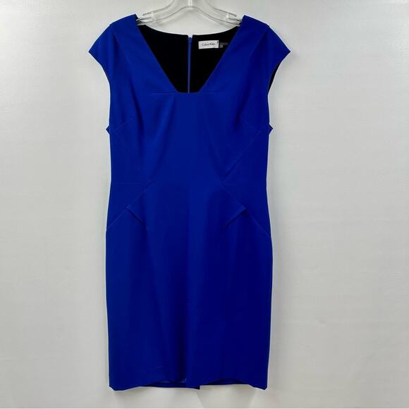 Calvin Klein Sheath Dress V Neck Back Zip Cap Sleeve Blue Career Size 10 - Picture 1 of 10